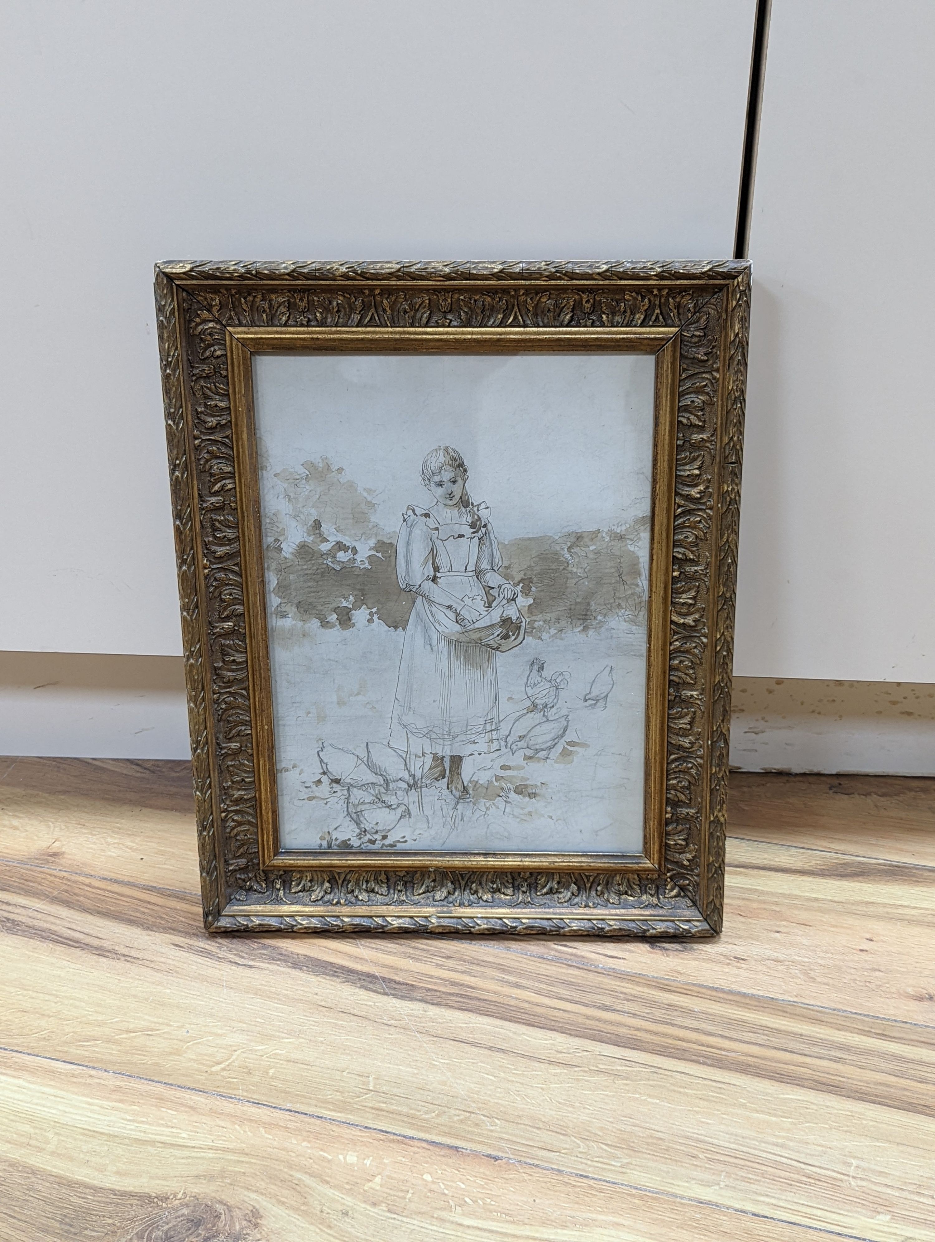 Emile Adam, pencil and wash, Girl feeding chickens, signed, 31 x 23cm